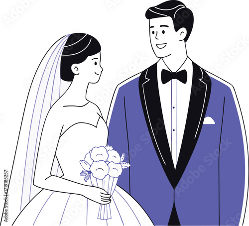 Bride and Groom in Wedding Attire Holding Bouquet on White Background Keywords: wedding, bride