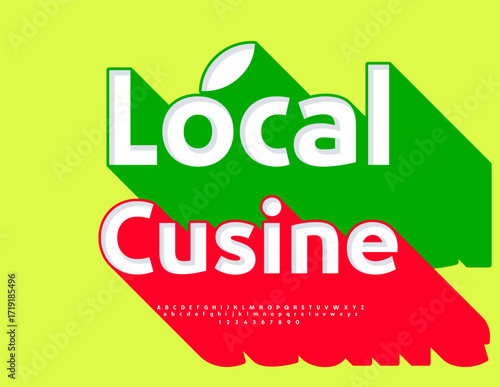 Vector Marketing flyer Local Cuisine. Trendy Font with Big Red Shadow. Bright Cool Alphabet Letters and Numbers set.