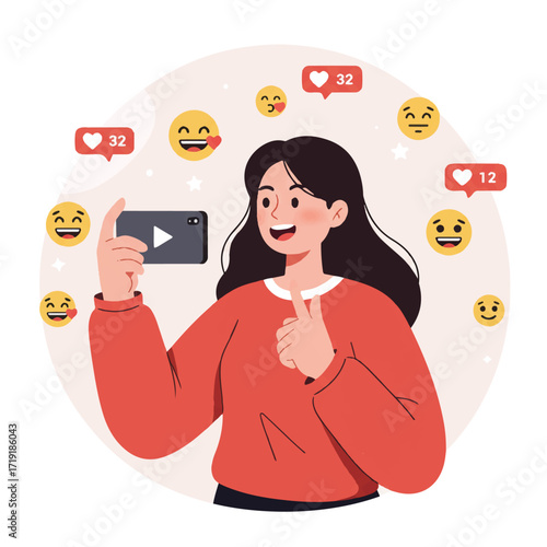 A 2D flat vector illustration depicts a young woman enthusiastically filming a smartphone video, surrounded by floating social media emojis and notification icons.