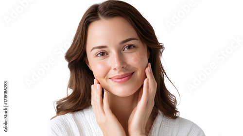 Glowing Skin: A radiant portrait of a woman with flawless skin, her touch highlighting the natural beauty and freshness of her complexion, promoting the concept of well-being and self-care.