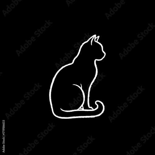 White cat silhouette minimalist with elegant style sitting profile chalk against black background