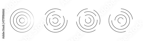 Set of circular ripple icons. Concentric circles with broken lines isolated on white background. Vortex, sonar wave, soundwave, sunburst, signal signs. Vector graphic illustration

