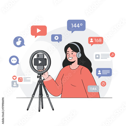 Smiling female influencer records a smartphone video, illuminated by a ring light, surrounded by social media icons and speech bubbles in a clean 2D flat vector style.