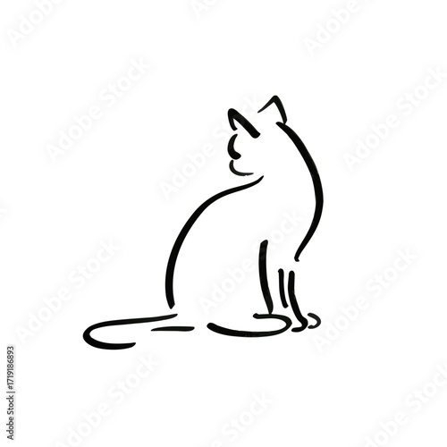 Cat attentive seated minimalist line drawing against white background with copy space