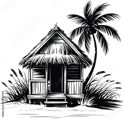Tropical Beach Hut with Palm Tree Black and White Illustration.