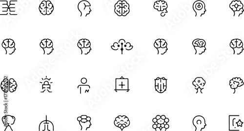 Mind, brain concept line icon set. Vector pictograms of mental processes, learning, creativity, problem-solving, mindfulness, memory, cognitive development, abstract thinking thin linear illustration