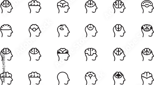 Mind, brain concept line icon set. Vector pictograms of mental processes, learning, creativity, problem-solving, mindfulness, memory, cognitive development, abstract thinking thin linear illustration