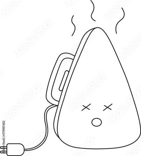 Funny vector illustration of a cartoon electric iron with a tired or overheated expression. Household appliance character with steam lines, simple outline style, isolated on white background.