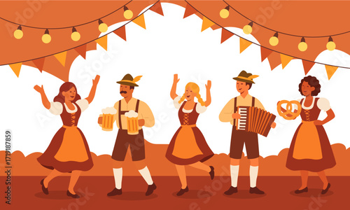 Vector illustration of people in Bavarian costumes dancing, drinking beer, playing accordion and holding pretzels under festive lights at Oktoberfest celebration.