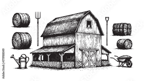 barn farm set engraving vector style