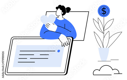 Woman holding heart above tablet symbolizes emotion-driven actions in digital space. Plant with dollar sign conveys economic growth. Ideal for finance, investments, economy, emotional decisions