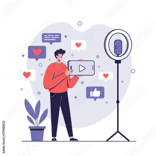 Charismatic person filming a social media video on a smartphone, with a ring light, microphone stand, and floating heart and like icons, in a bright 2D flat vector art.