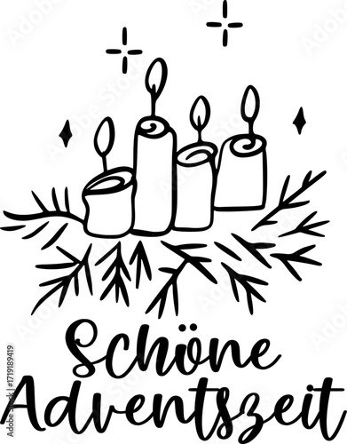 Schöne Adventszeit. Weihnachtstypograpfie deutsch. Weihnachten Vektor Illustration für Karte, Hintergrund, Banner.