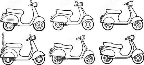Set of moped line art, black outline, vector and illustration