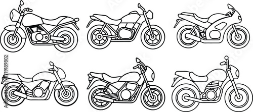 Collection of motorbike line art, black outline, vector and illustration
