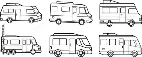 Collection of motorhome line art, black outline, vector and illustration
