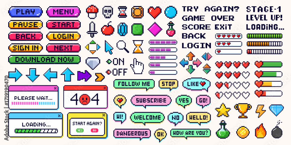 Fototapeta premium Set of pixel game menu button. Retro video gaming element, digital console, controller, heart, star, arrow and mobile app icon. 8 bit computer game interface. Pixel speech bubble frame with comic text