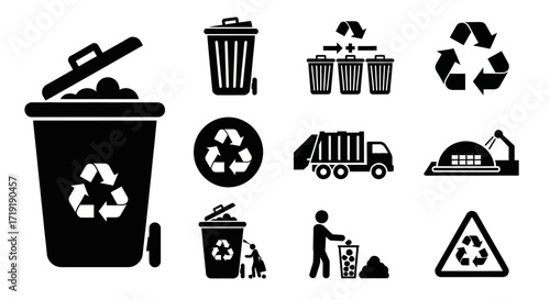 Waste Management Vector Icon Set with Recycling Symbol Trash Can and Garbage Truck Glyphs