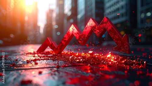 Crumbling red arrow amidst urban backdrop, symbolizing economic downturn