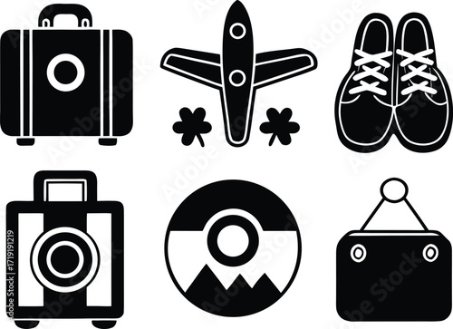 Six black and white icons of travel and leisure items vacation luggage