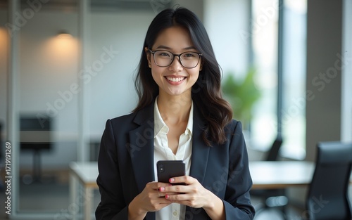 Smiling portrait at camera eastern female businesswoman holding smartphone in office trading  reading  working online. Young Asian business woman manager ceo using cell phone mobile app. Copy space