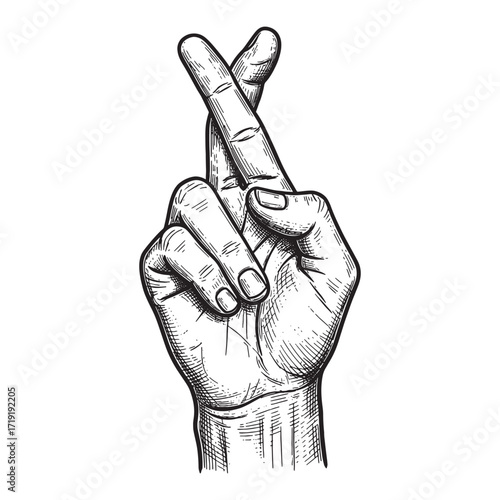 Crossed Fingers hand sign engraving vector style