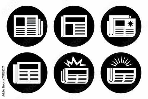 Black and White Newspaper Icons Representing News Headlines and Information with Abstract Designs for Digital and Print Media Communication
