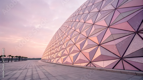 Futuristic architectural dome facade made of geometric glass panels reflecting soft pink sunset sky ideal for modern design, urban planning visuals and technology-themed branding