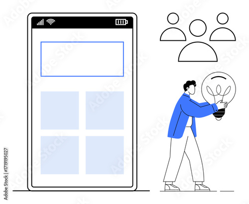 Smartphone interface layout with grid elements, individual holding lightbulb, group icons as connections. Ideal for innovation, teamwork, creativity, app design, technology, collaboration simple
