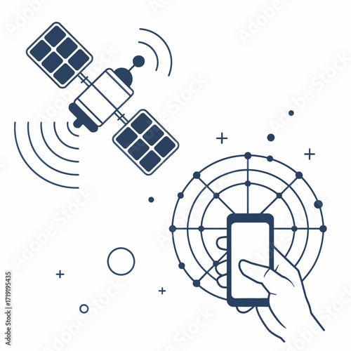 Satellite Communication and Smartphone Technology Illustration Representing Global Connectivity and Data Transmission Network with Digital Hand