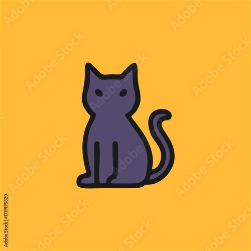 Black cat Halloween icon in flat cartoon vector style, spooky feline symbol for witchcraft, mystery, superstition, and seasonal decoration design illustration