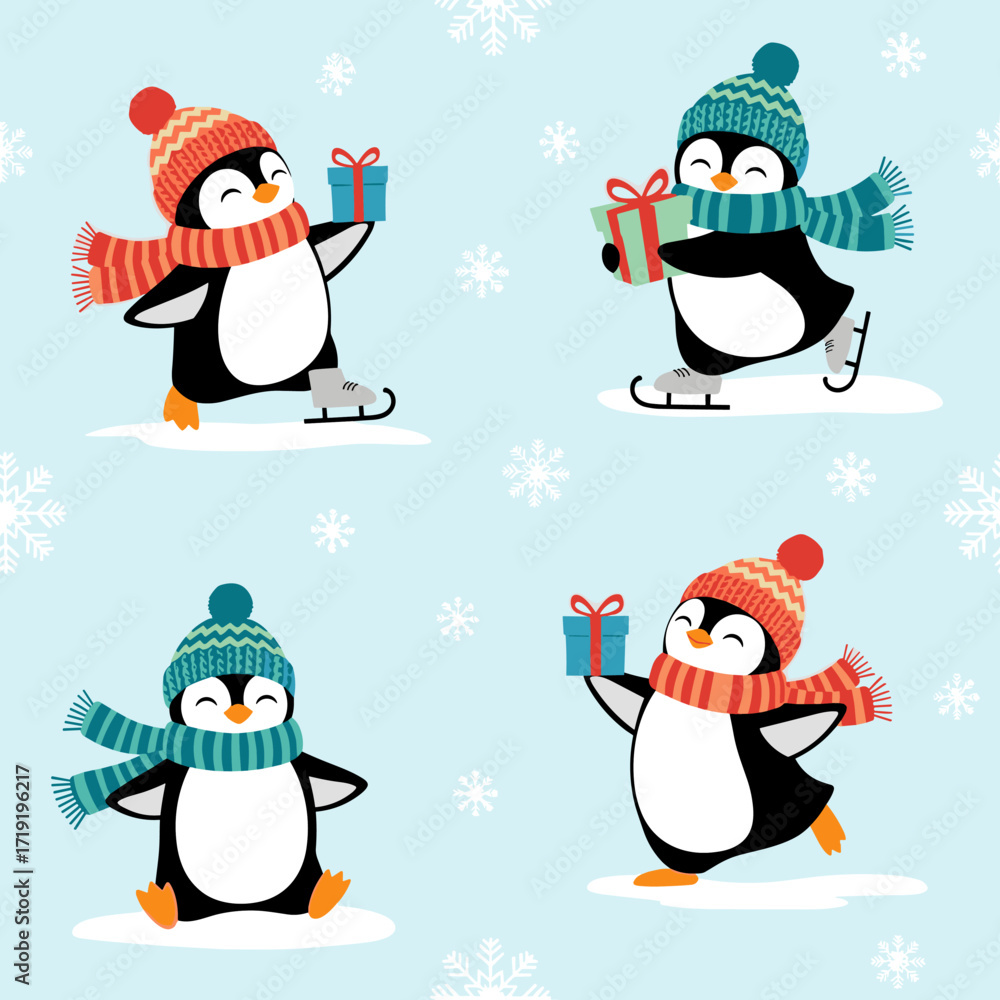 Fototapeta premium Four adorable penguins wearing winter hats and scarves skate and hold gifts.