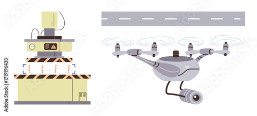 Industrial press machine and surveillance quadcopter monitoring productivity. Ideal for automation, industry 4.0, robotics, efficiency, security, innovation technology. Perfect flat simple metaphor