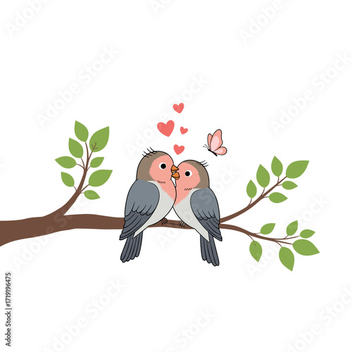 Two lovebirds perched on a branch with hearts and a butterfly.