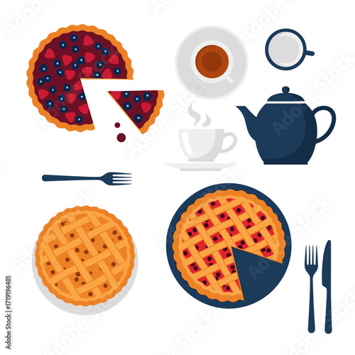 Delicious berry and apple pies served with hot tea for a delightful treat.