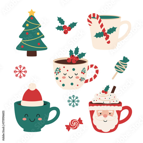A delightful collection of charming Christmas themed beverages and festive holiday decorations perfect for seasonal celebrations.