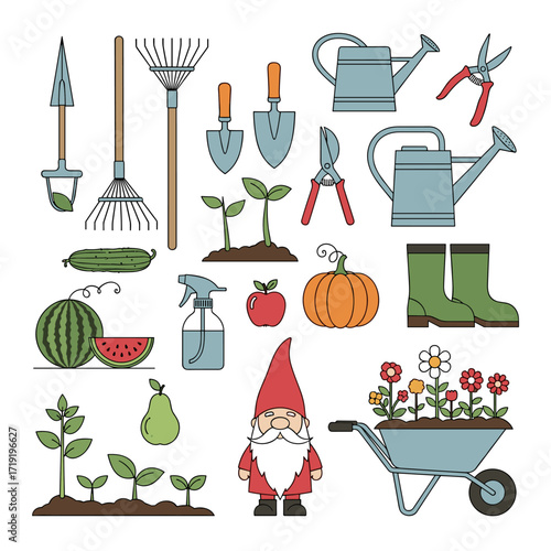 A collection of essential gardening tools and plants for a beautiful outdoor space.