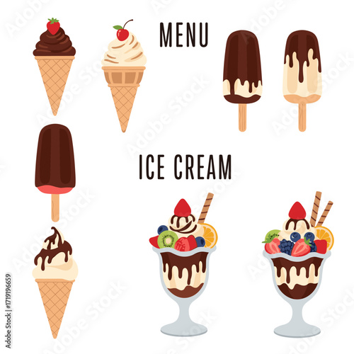 Delicious cold dessert treats menu featuring ice cream sundaes and popsicles.