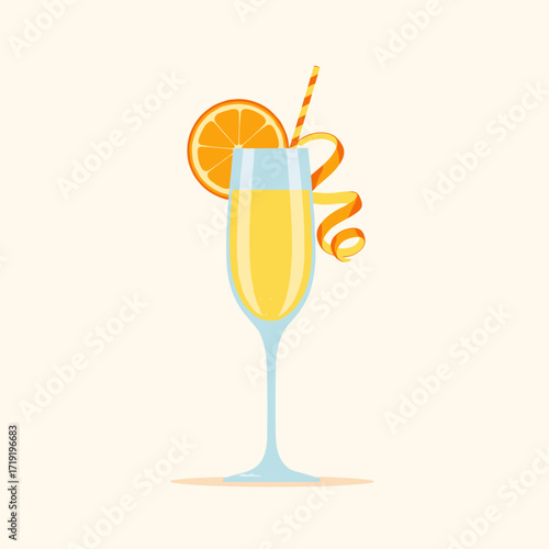 A refreshing mimosa cocktail with a vibrant orange garnish and straw. 