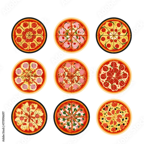 A vibrant collection of nine delicious pizzas arranged in a grid format for visual appeal.