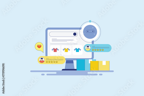 Featured apparel products display on shopping site homepage with customer review, AI assistant helps search and select product and information about shipping process.