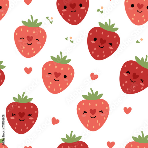 Cute kawaii strawberry pattern with happy faces and hearts