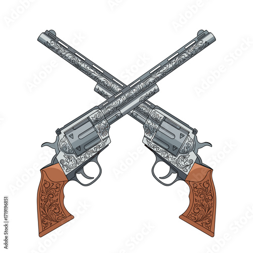 Two ornate revolvers crossed with detailed engravings and wooden handles.
