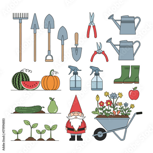 A collection of essential gardening tools and decorative elements for a thriving garden.