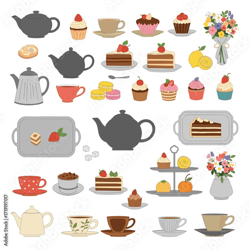 A collection of delicious desserts and tea party elements for your design needs.