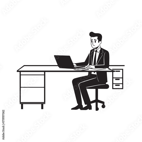Black and white line art of a hardworking man at office desk with laptop and documents minimalist illustration