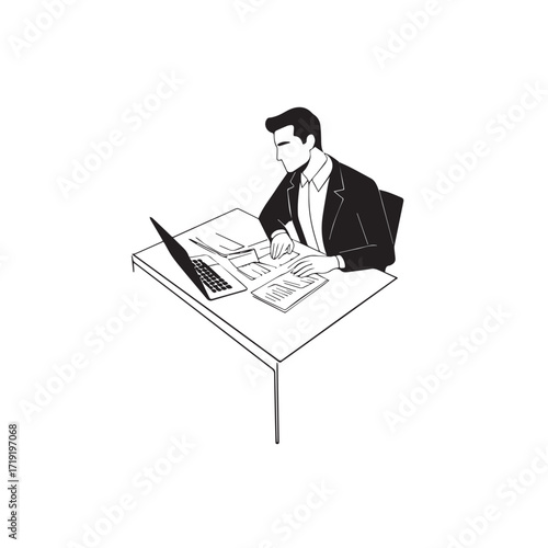 Black and white line art of a hardworking man at office desk with laptop and documents minimalist illustration