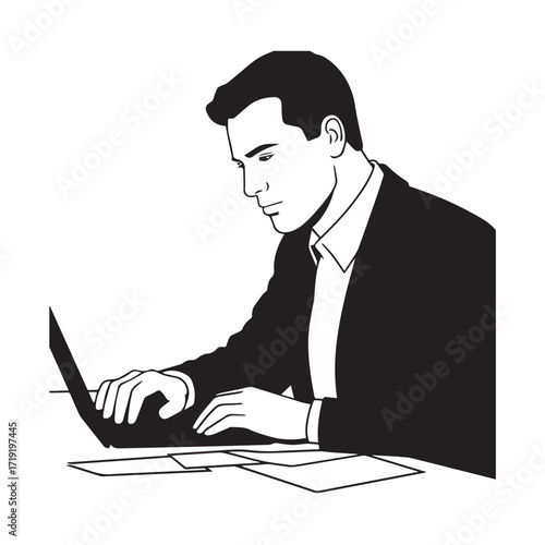 Black and white line art of a hardworking man at office desk with laptop and documents minimalist illustration
