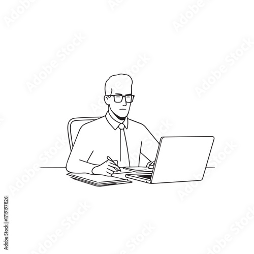 Black and white line art of a hardworking man at office desk with laptop and documents minimalist illustration