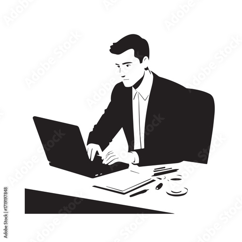 Black and white line art of a hardworking man at office desk with laptop and documents minimalist illustration